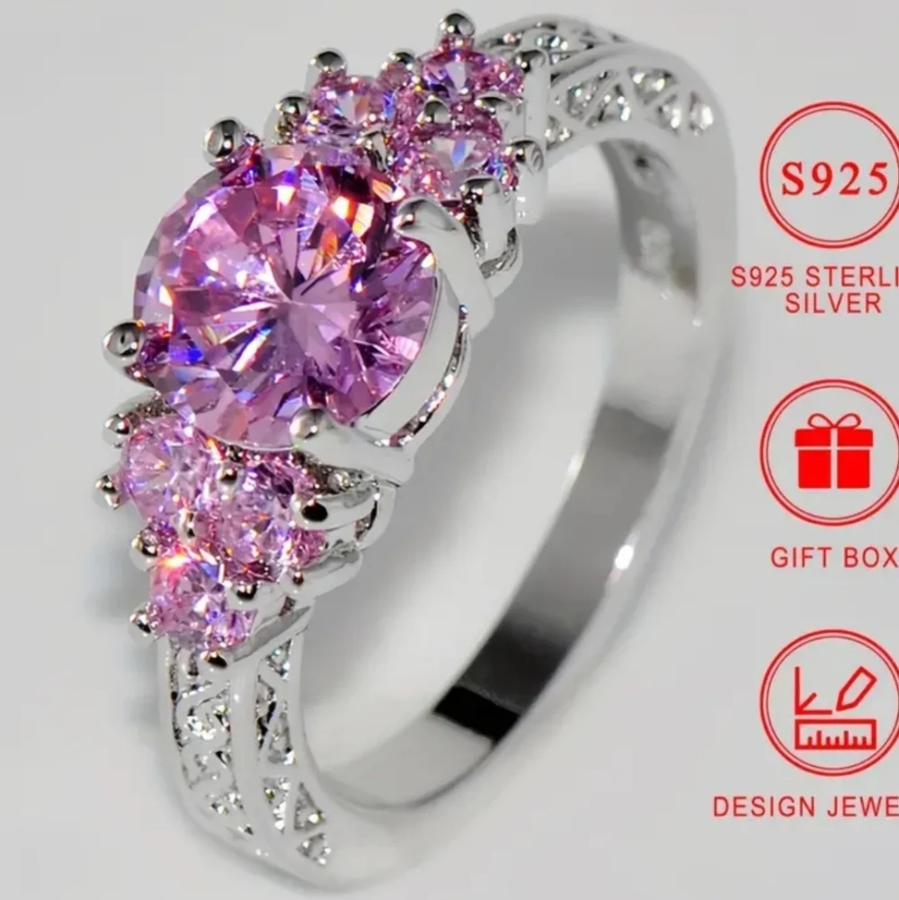 Ladies Sterling Silver Pink Gemstone Ring Sz 9